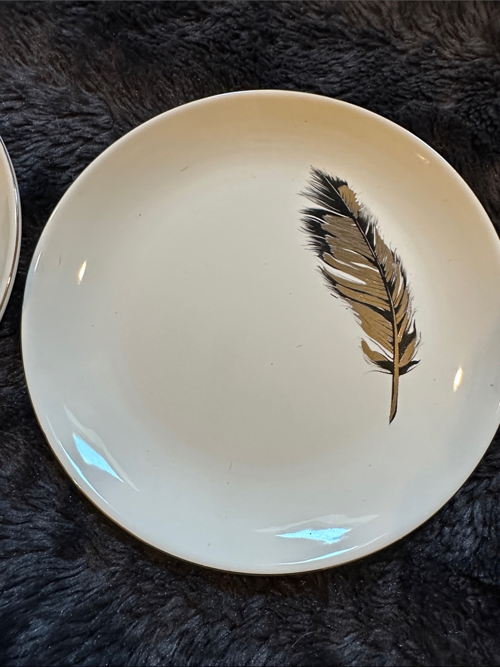Hobby Lobby White Ceramic Plates (2) with Gold and Black Feather